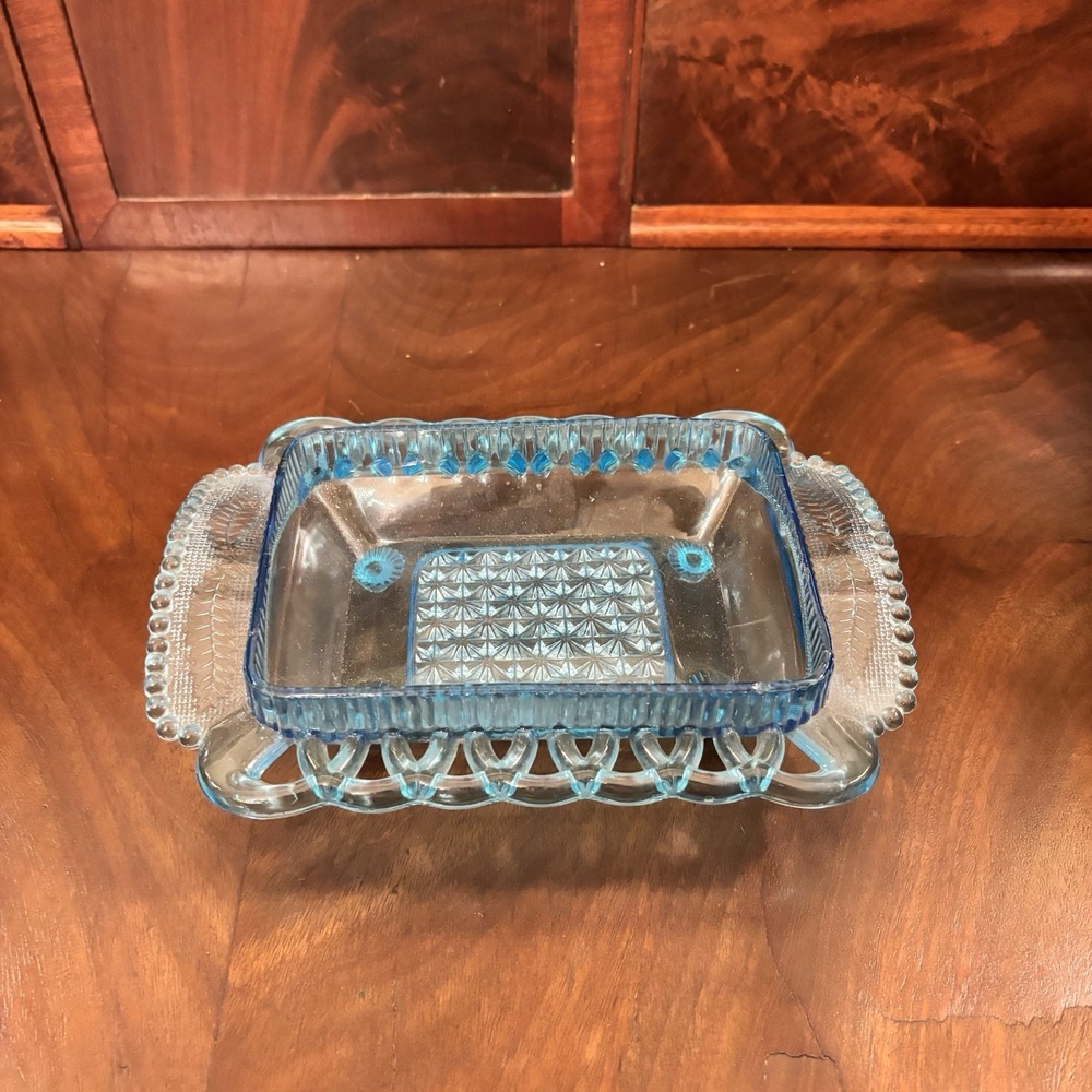 Vintage Blue Glass Relish Candy Dish Footed Tray Open Lace Handles 8" x 5.5"